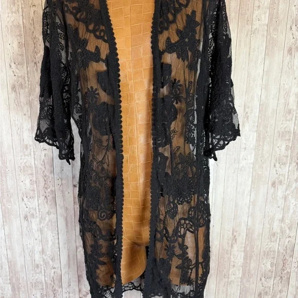 Shyanne Black Mesh Embroidered Midi Kimono Jacket - Picture 2 of 11